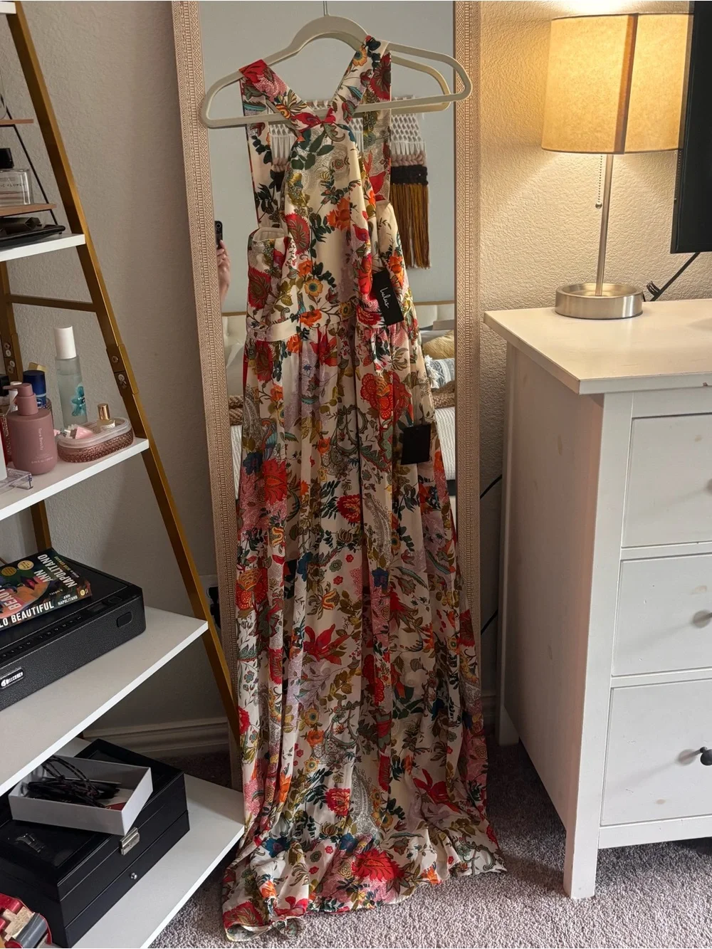 New! Lulu's Lilja Cream Floral Print Halter Maxi Dress Sz L - Picture 5 of 10